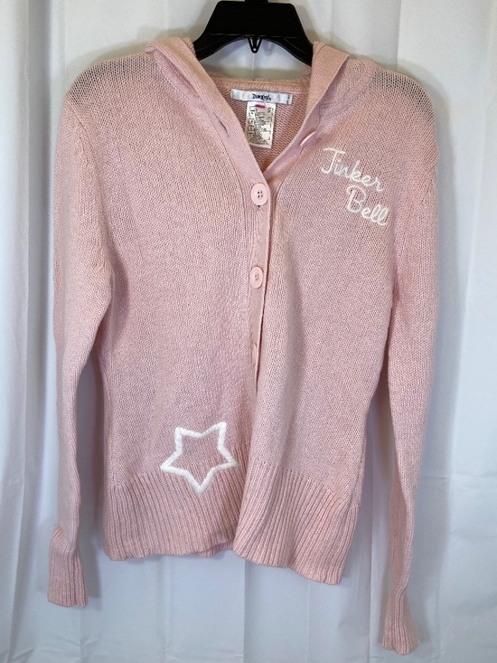Disney Sweaters - Disney Tinkerbell Pink Cardigan Sweater Sz L Hood Embroidered Accents